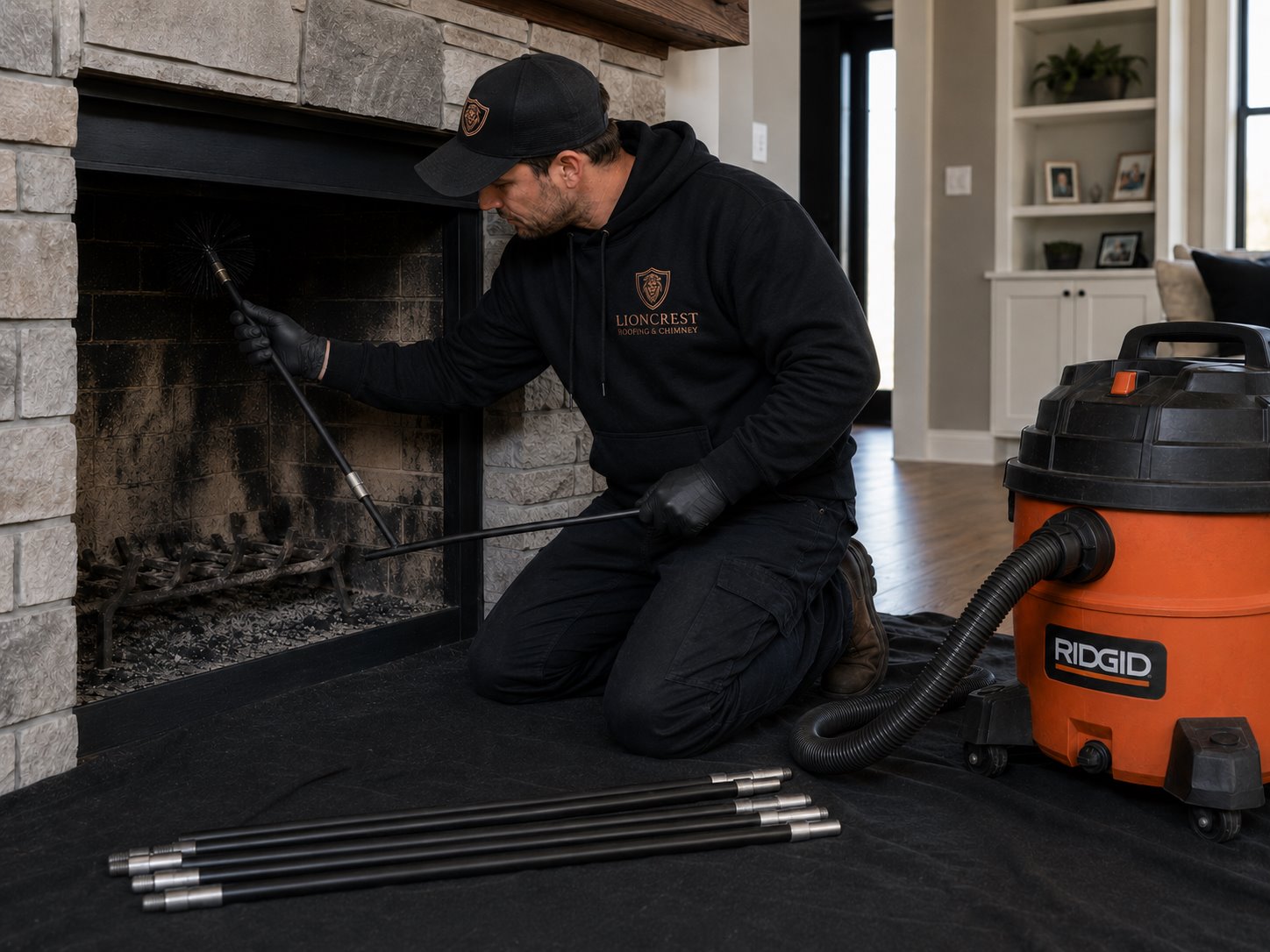 Lioncrest technician cleaning a fireplace with drop cloth and vacuum, protecting the home interior
