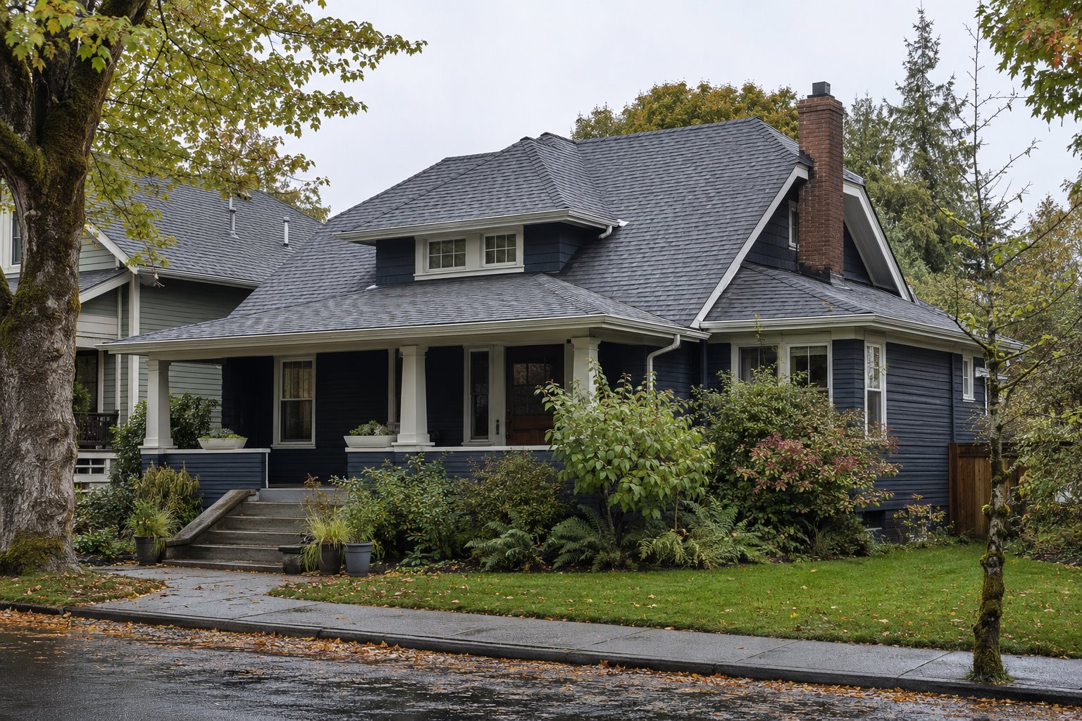 Finished dark roof on a two-story home