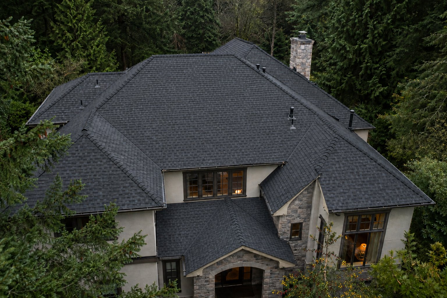 Completed dark roof viewed from above on a residential home