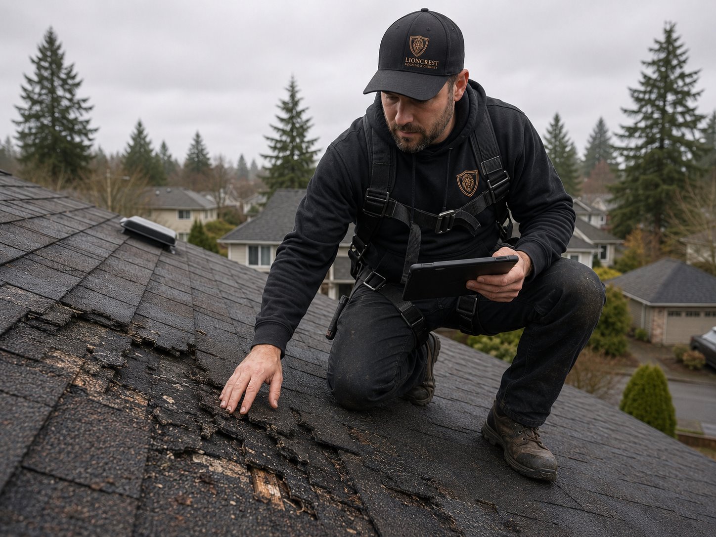 Lioncrest Roofing & Chimney technician inspecting damaged roof shingles in Portland