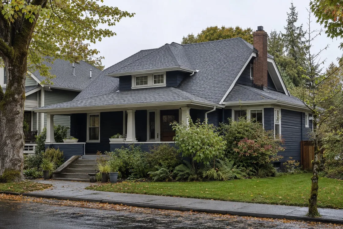 Completed asphalt shingle roof replacement on a blue Craftsman home
