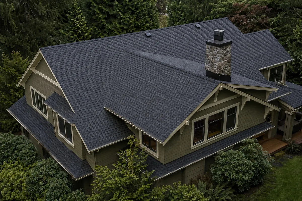 Completed blue-gray asphalt shingle roof on a Craftsman-style home