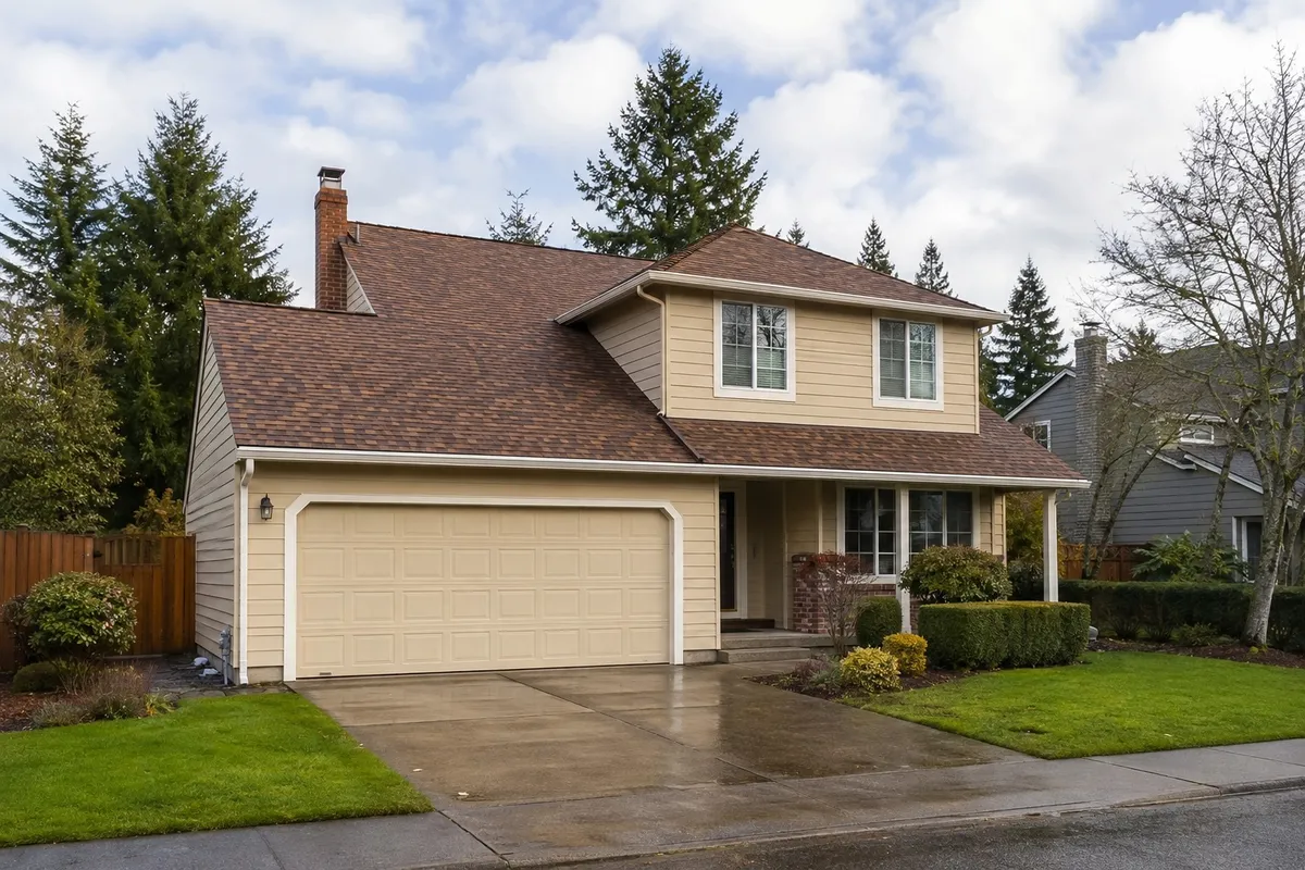 Completed brown asphalt shingle roof on a two-story home