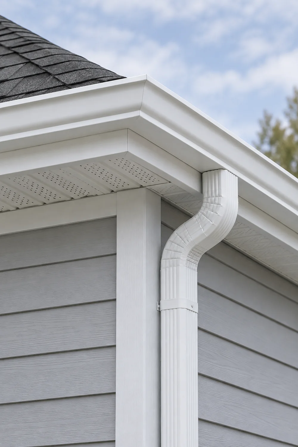 Illustration of an installed seamless aluminum K-style gutter and downspout connection