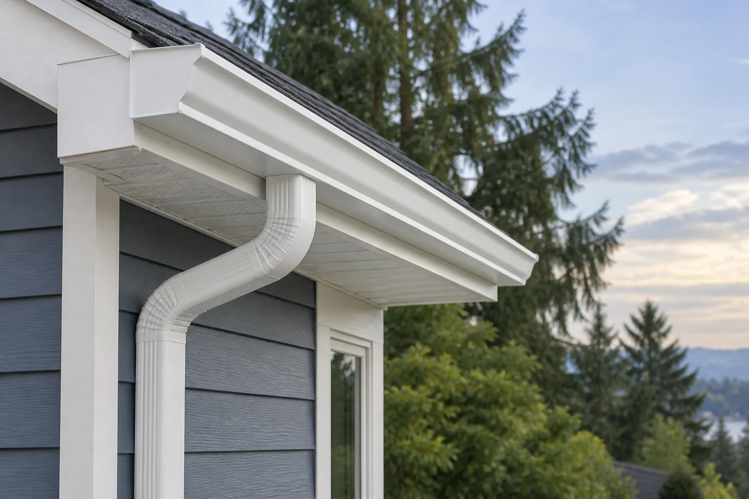 Illustration of a white K-style gutter and downspout along a home's roofline