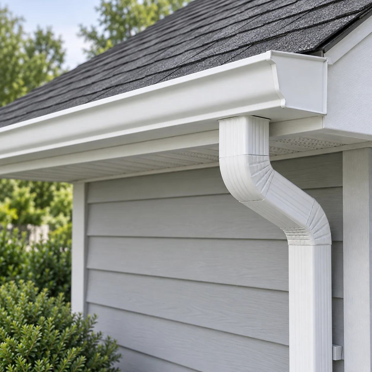 White K-style gutter and downspout along a roof edge
