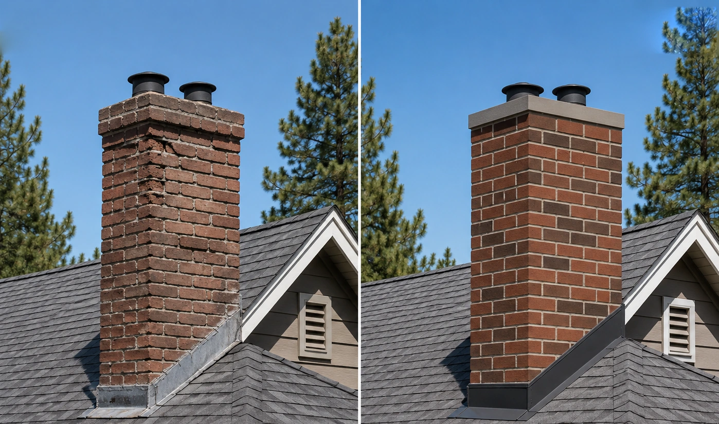 Two-flue brick chimney before and after masonry and crown work