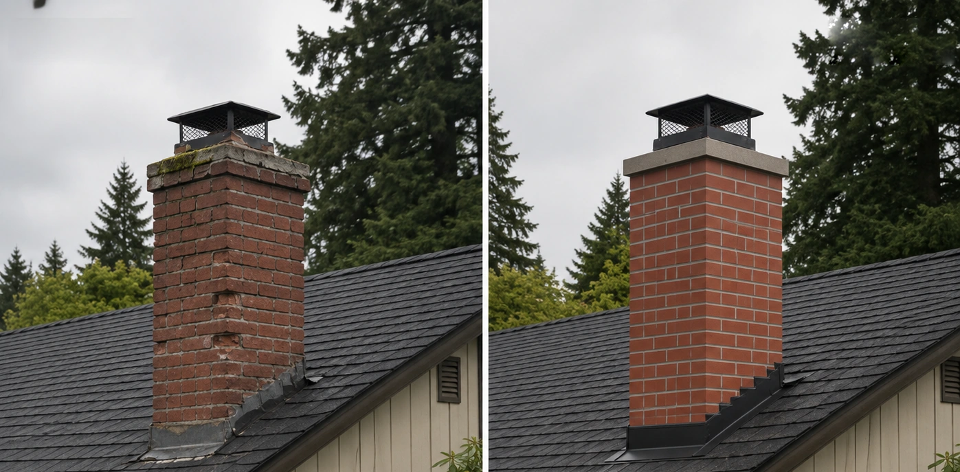 Single-cap brick chimney before and after masonry, crown and flashing repairs