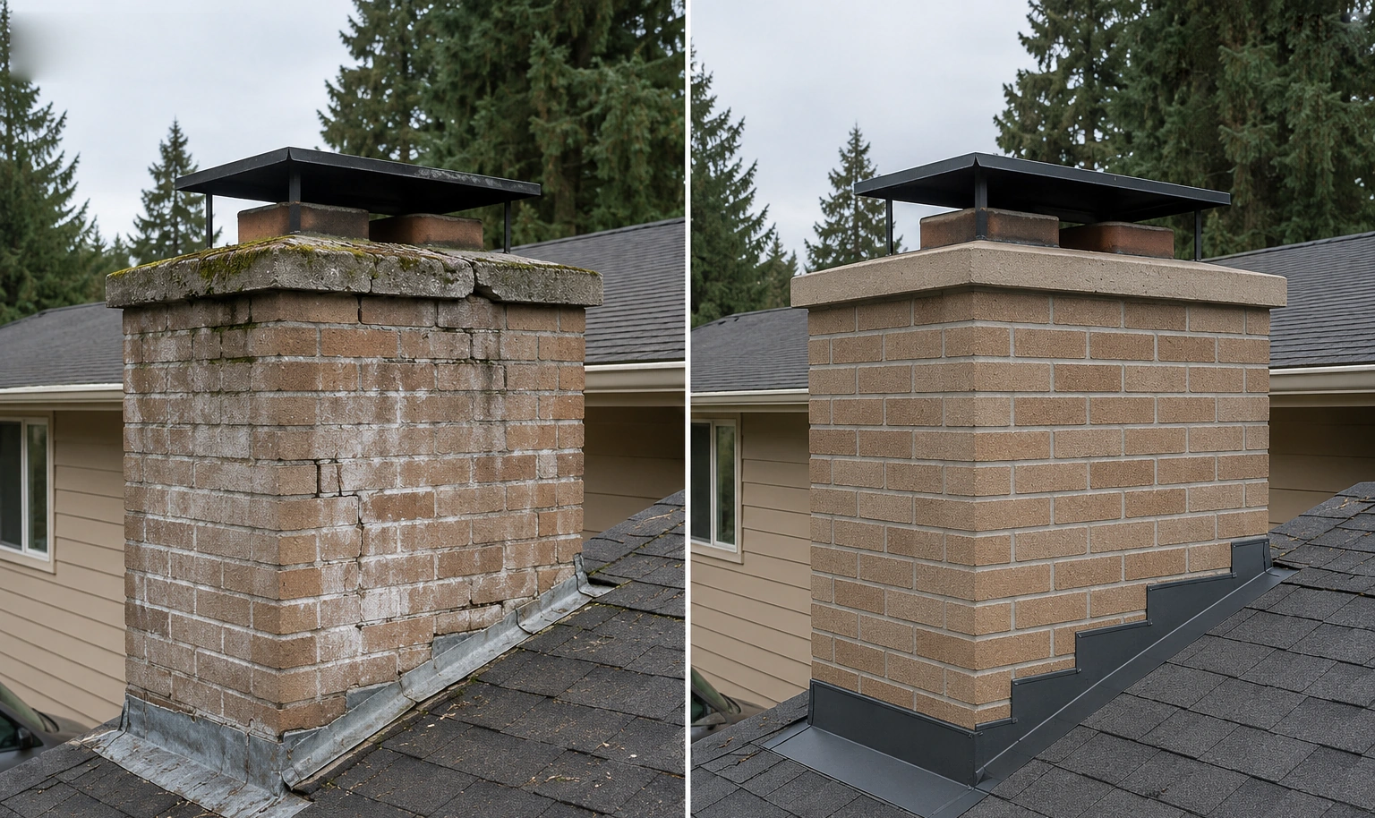 Tan brick chimney before and after crown, mortar-joint and flashing repairs