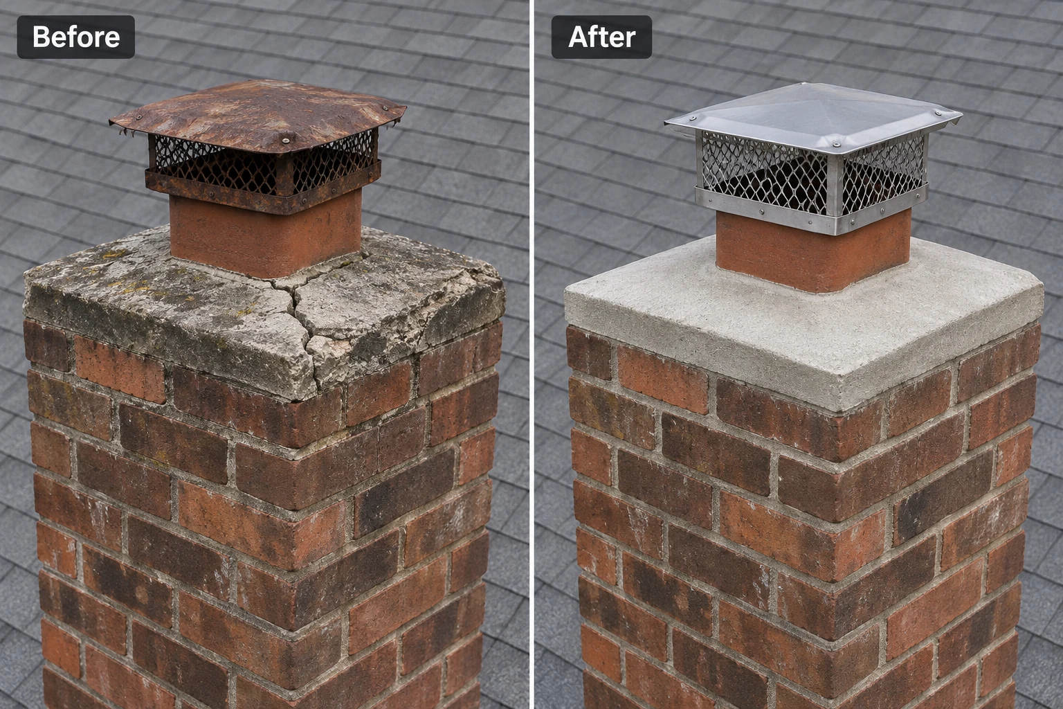 Chimney crown and cap repair, with before on the left and after on the right