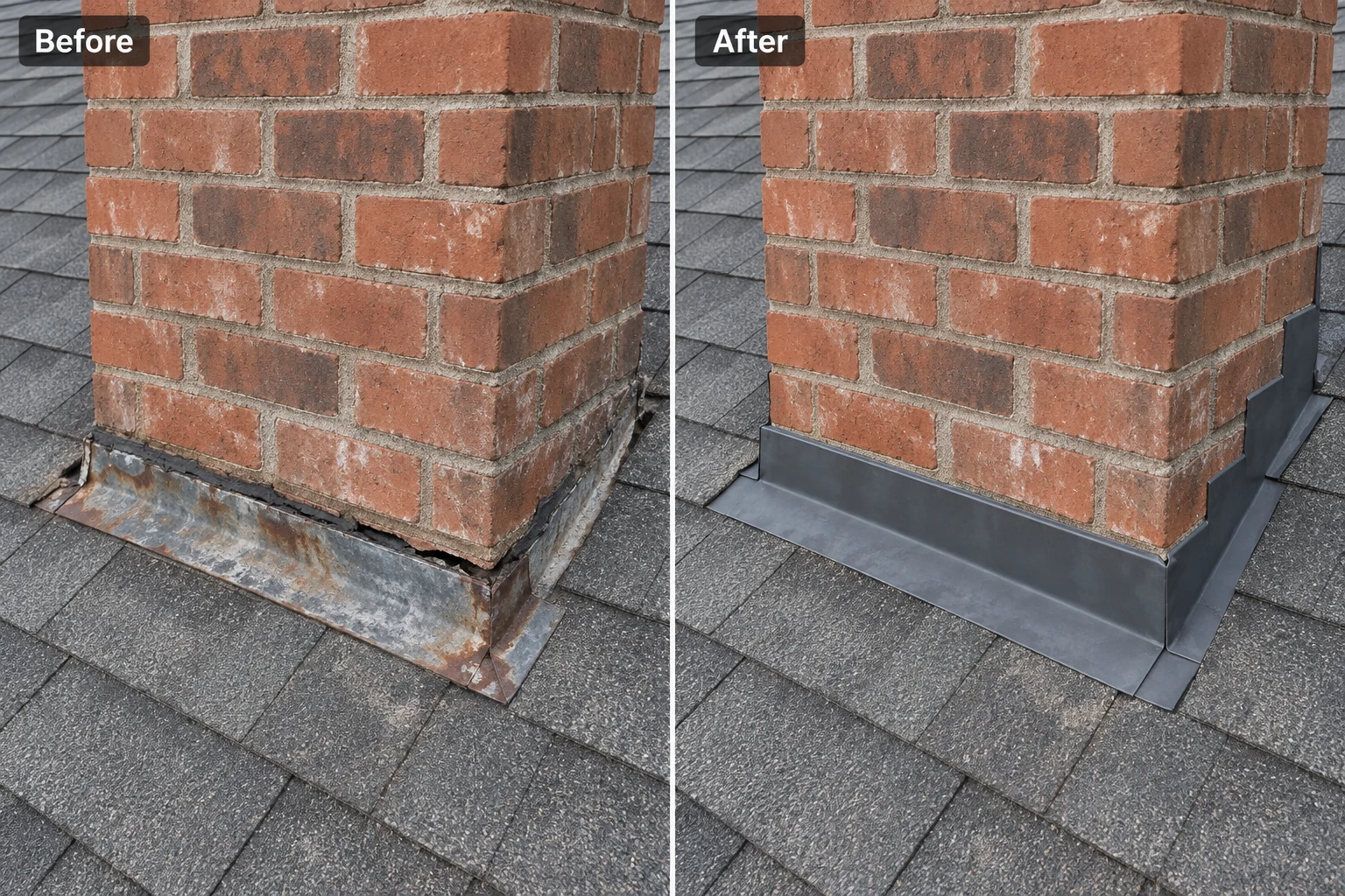 Chimney flashing repair, with before on the left and after on the right