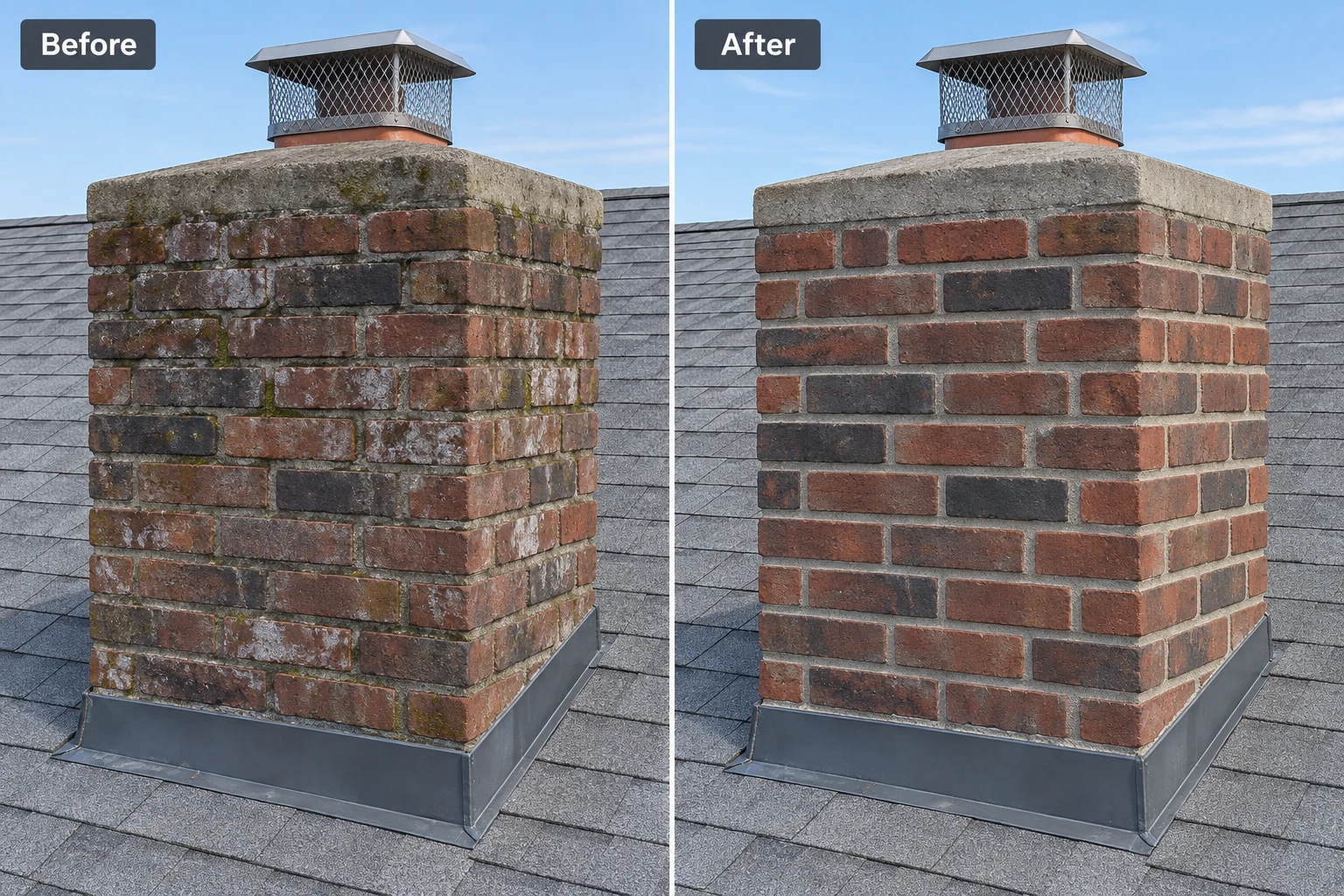Chimney cleaning and repointing, with before on the left and after on the right